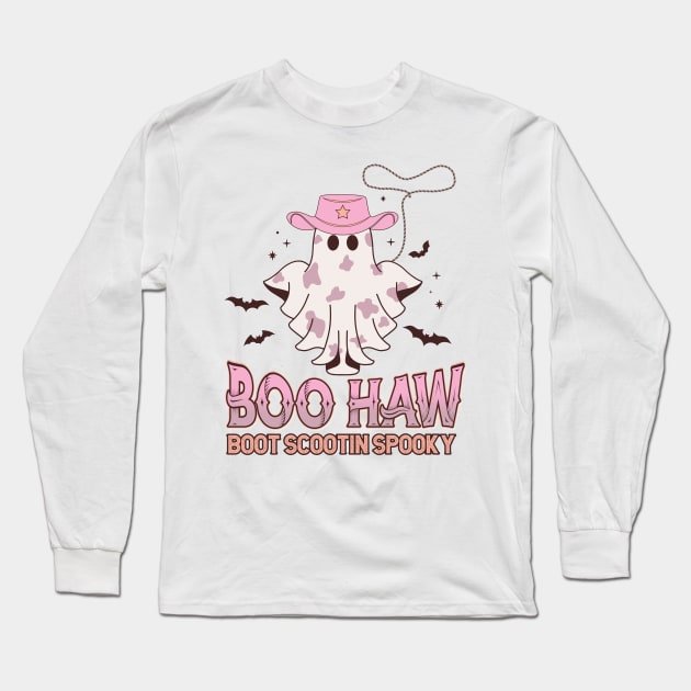 Boo Haw Cowgirl Boot Scootin Spooky Funny Western Halloween Long Sleeve T-Shirt by NearlyNow